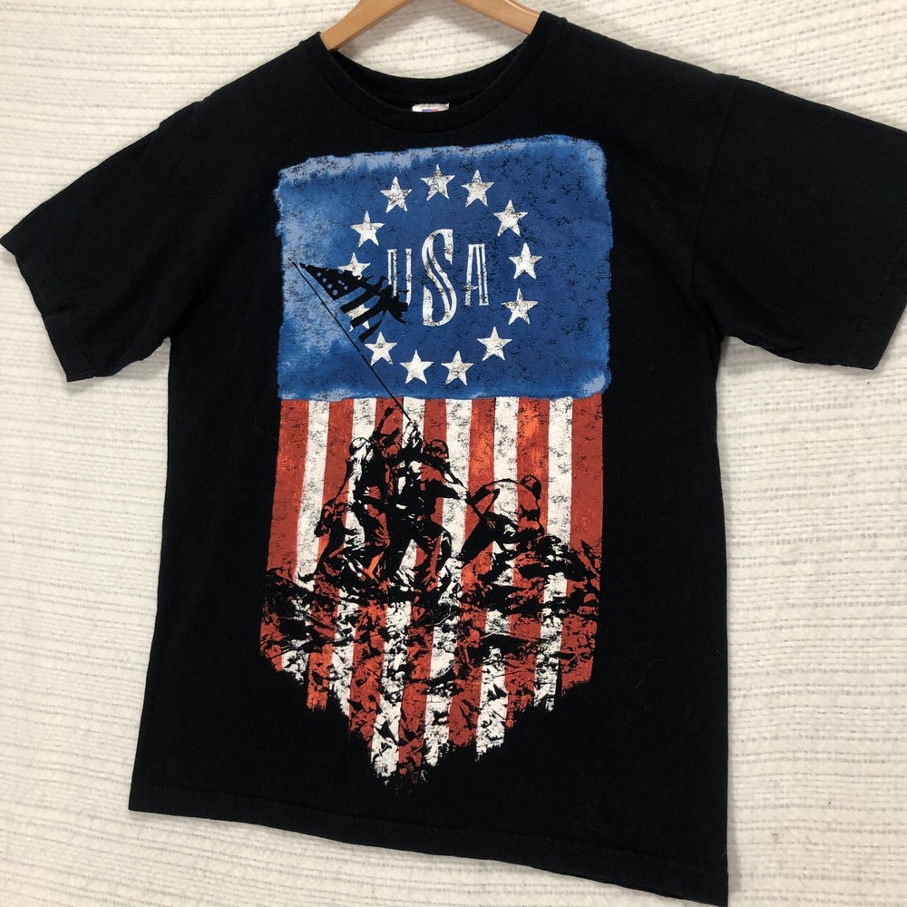 USA Flag Graphic Tee Patriotic American Made T-Shirt Bayside‎ Size Medium